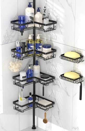 Deprik Telescopic Shower Caddy with 2 Soap Holders - Adjustable Corner Shower Caddy for Bathroom Corner or Over Bathtub Extends 63.5-290cm(Black Stainless Steel)