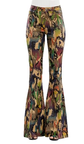 High Waist Stretch Abstract Camouflage Flared Bottom Jeans