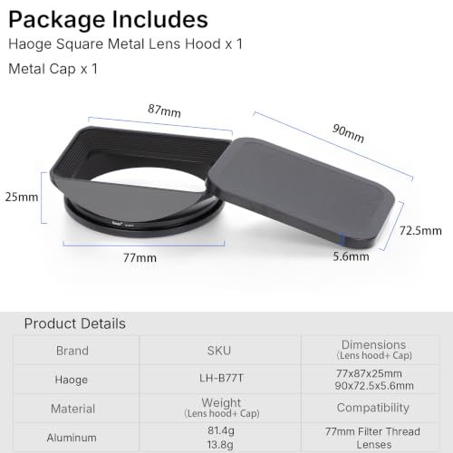 Capuchón para lente Haoge de metal cuadrado con rosca de 77 mm, incluye tapa, compatible con lentes Canon, Nikon, Sony, Leica, Zeiss, Voigtlander, Nikkor, Panasonic, Fujifilm y Olympus de rosca de filtro de 77 mm miniatura 6
