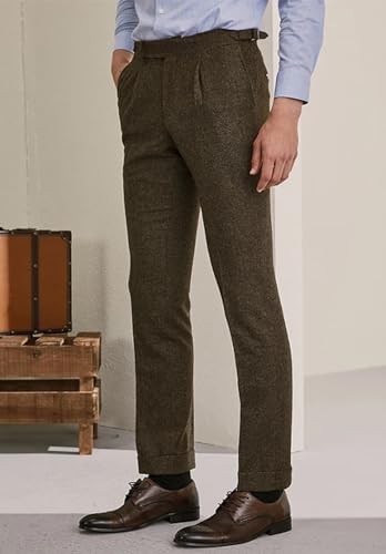 Mens Vintage Herringbone Tweed Dress Pants Slim Fit Casual Suit Trousers2