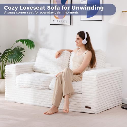 Image of MAXYOYO Loveseat Sofa Couch, Upholstered Bean Bag Chair Cloud Seat for Adults, Boneless Couch with Cushion & Pillows, Sofa in A Box, No Assembly Required, Faux Fur Beige