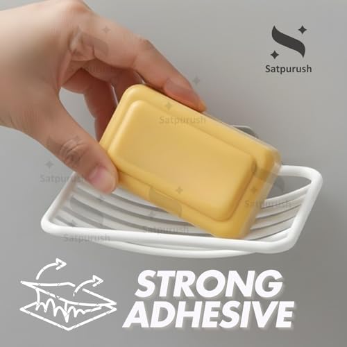 Image of Satpurush Adhesive Soap Holder for Bathroom Wall | Stickable Soap Stand No Drill | Self Adhesive Soap Dish for Tiles | Plastic Soap Case with Drain Tray | Bathroom Organizer. (2)