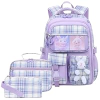 KBGPW 3pcs Girls Backpack With Lunch Box & Pencil Case,Cute Rabbit Kids School Backpack Set For Kindergarten & Elementary School (Style B Purple-16.5in)