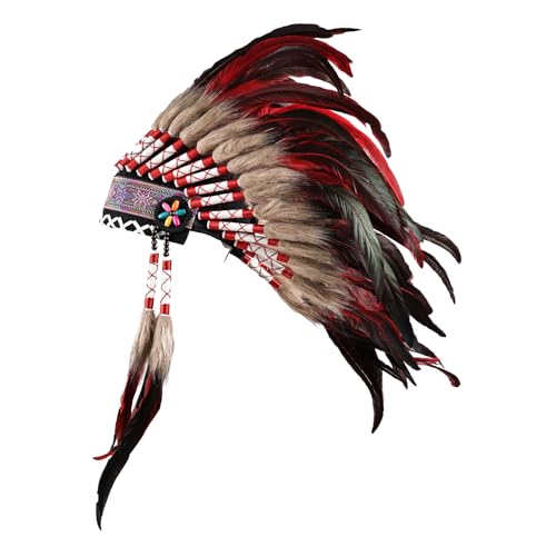 THARAHT Feather Headdress Native American Indian Style Costume for Carnival Role Play Costume Parties (RED)