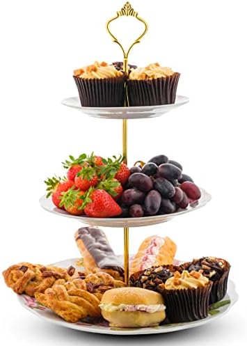 Nyxi 3-Tiered Floral Cake Stand Plates Afternoon Tea Porcelain Ceramic Bone China (Red Rose Floral - NY4)