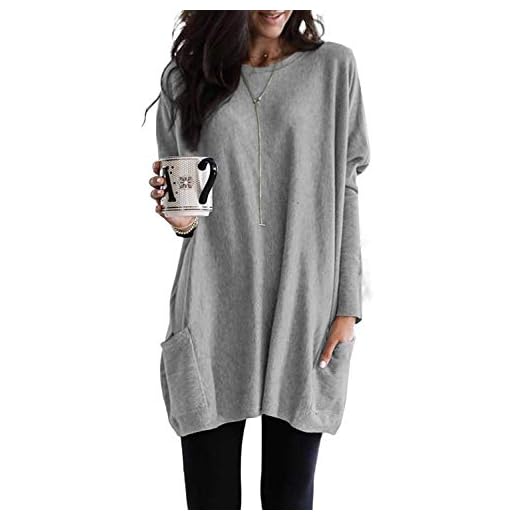 Dokotoo Womens Comfy Casual Long Sleeve T Shirt Tunics Tops Blouse Fashion Oversized Shirts Tunic with Pockets Tops for Leggings Summer Autumn Spring (US 12-14) L,Gray