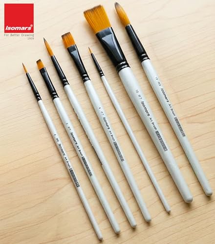 Image of Isomars Round & Flat Paint Brush Set - Set of 7 Professional Art Brushes for Acrylic, Watercolor, Oil & Craft Painting | Multi-Size Brushes for Canvas, Detail Work & Mixed Media