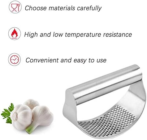 Garlic Press Rocker, Garlic Crusher Press 430 Stainless Steel Garlic Chopper Ginger Mincer + Silicone Garlic Peeler + Cleaning Brush, Multifunctional Kitchen Gadget