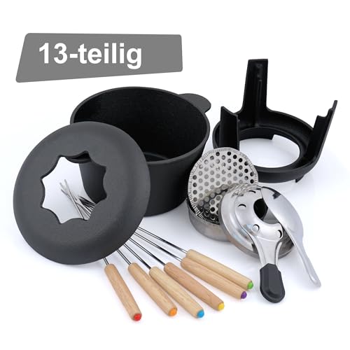 Foto von BBQ-Toro Gusseisen Fondue Set für 6 Personen | 1 Liter | Fondueset 13 teilig mit Brenner und Gabeln | Fondue-Set, Käsefondue Set, Fleischfondue Set, Schokofondue Set (schwarz bereits eingebrannt)
