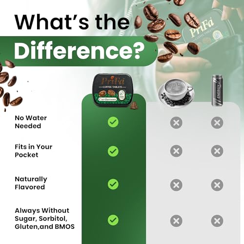 PriFa Coffee Tablets, Cardamom Pocket - Unsweetened Real Absorbable Lozenge Candy - Natural Sugar Free Instant Energy Pouches, Caffeine Mints for Keto (Cardamom, 4 Packs)