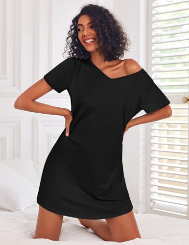 Ekouaer Cotton Nightgowns for Women 3 Pack Sleepshirts Short Sleeve Night Shirt Tshirt Night Gown Soft Sleepwear Print Sleep Dress Dark Blue/Black/Purple Floral X-Large3