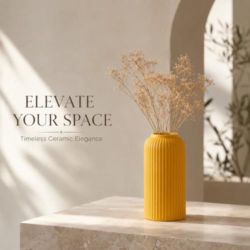 Image of Yellow Ribbed Ceramic Flower Vase 6 Inch Matte Pampas Grass & Dried Flower Vase for Home & Office Table Decor Decorative Centerpiece Gift - Vase Only