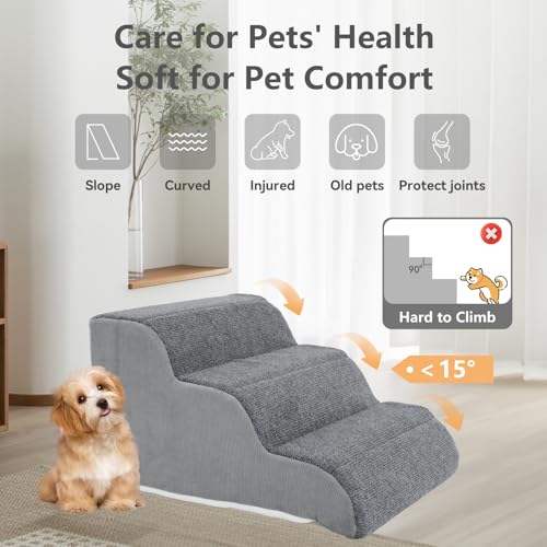 Image of 3-Step Sturdy Foam Dog Stairs with PE Support Board, Cover Removable, Pet Steps for Small to Medium Dogs & Cats, 13''H Dog Step for Sofa, Chair, or Stairs