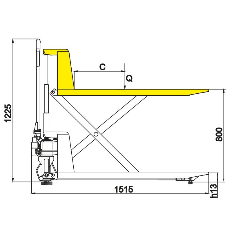 Transpalette manuel ciseaux 1150 x 550 mm, capacité de charge 1000 kg, levage 800 mm, livré monté