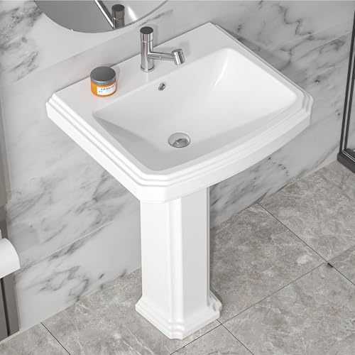 HOMLYLINK Pia de pedestal branca, 1 furo, pia de pedestal de banheiro de 58 x 48 cm, combinação de p