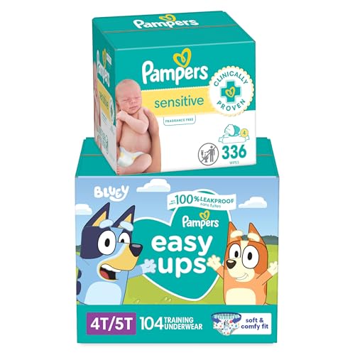 Image of Pampers Easy Ups Bluey Pull On Training Pants Boys and Girls, 4T-5T, 104 Count with Sensitive Water Based Baby Wipes 4X Pop-Top Packs (336 Count)