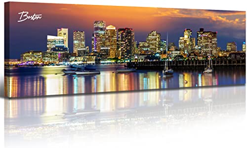 Image of DJSYLIFE Boston Skyline Wall Art Canvas Prints Colorful USA City Night Pictures Modern Panoramic Cityscape Posters Paintings for Bedroom Office Decor, Ready to Hang 13.8 inchx45.3 inch