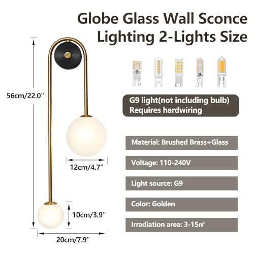 Image of Globe Glass Wall Sconce, 2-Lights Gold Modern Brushed Brass Wall Mount Light, Mid Century Beside Wall Lamp with Glass Shade for Loft Living Room Bedroom