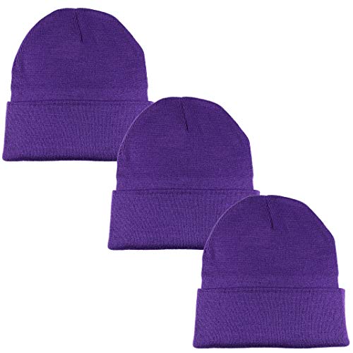 Gelante Unisex Beanie Cap Knitted Warm Solid Color 2040A-Purple-3PC