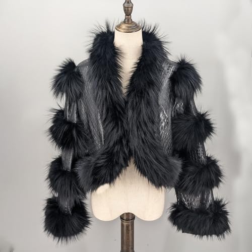 LVCOMEFF Women Sheep Leather Cropped Jacket Bolero Top Coat Motorcycle Jacket With Fox Fur Layer Long Sleeve Python Pattern3