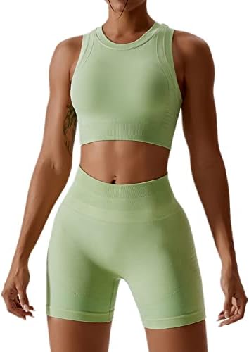 ABOCIW Workout Sets for Women Seamless Racerback Sport Bra Padded Yoga Tank Tops Tummy Control High Waist Biker Shorts Gym Yoga 2 Piece Outfits Light Green Medium