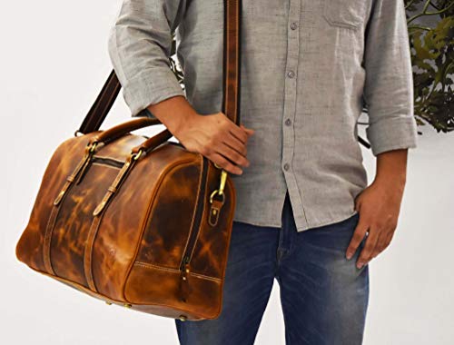 Leather Travel Duffle Bag | Gym Sports Bag Airplane Luggage Carry-On Bag By Aaron Leather (Caramel) - Thumbnail 7