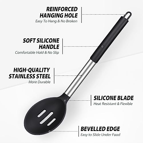 Pack Of 2 Large Silicone Cooking Spoons, Non-Stick Stainless Steel Slotted And Solid Spoon Set For Serving, Mixing, Draining, Heat Resistant, Scratch Resistant And Bpa Free Kitchen Scoops (Black) #TOP2