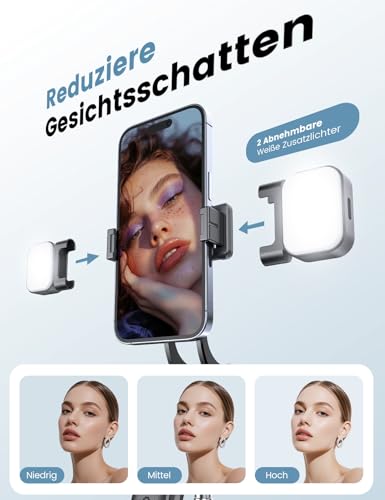 170cm Handy Stativ mit 2 Licht, Selfie Stick mit Fernbedienung, 360° Drehbarer Handystativhalter, Stativ für Smartphone/iPhone/Android/Samsung/Sportkamera, Tripod für Travel, Abnehmbarer Handyhalter