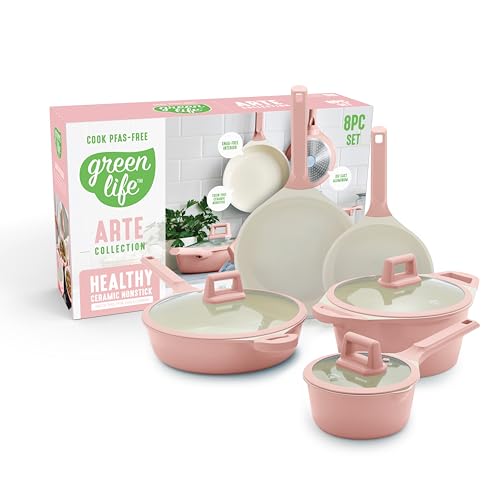 GreenLife 8 Piece Ceramic Nonstick Cookware Set, Induction Suitable Non Toxic PFAS-Free Pots & Pans, Dishwasher Safe, Cooking Set, Stock Pot, Saucepans & Frying Pans, Kitchen Cooking, Light Pink