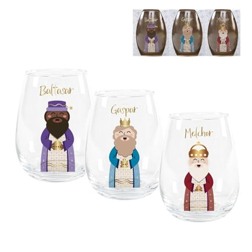ROCKING GIFTS Set de 3 Vasos de Cristal de Reyes Magos de Navidad, Decoración Navideña, Capacidad 520ML, 25 cm