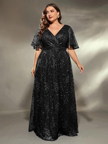 Image of Plus Size Women's V Neck Ruffles Flutter Sleeve Embroidered Lace A Line Maxi Dress for Wedding Party Evening