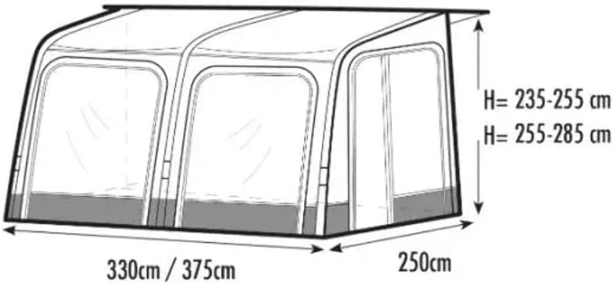 Technical diagram of the Westfield Vega 375 2.0 awning with key dimensions: width 330cm/375cm, depth 250cm, and height options 235-255cm / 255-285cm.