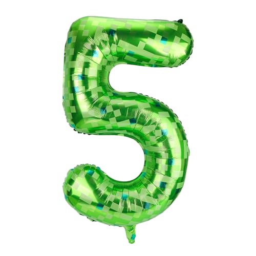 SAVITA Green Pixel Balloon, 40 Inch Giant Foil Number Balloons for Kids Boys Girls Birthday Anniversary Game Theme Party Decorations Supplies (Number 5)