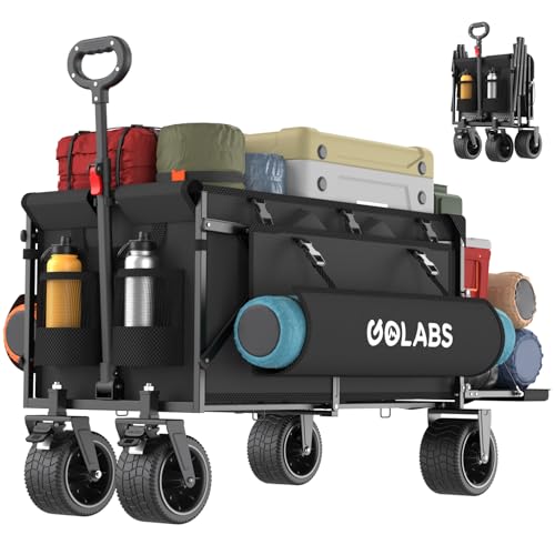 Golabs WA2 Wagon Cart Max 440lbs Load & Expandable Storage 205L, Heavy Duty Beach Wagon w/ 7×4" Big All-Terrain Wheel, 3S Quick Fold &Flexible Steering Design,2 Side Strap Design for Garden & Camping