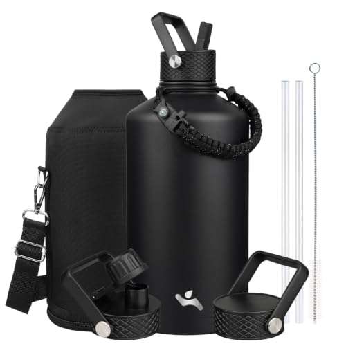 Image of Konokyo Gallon Insulated Water Bottle with Straw,128 oz 3 Lids Water Jug with Carrying Bag,Paracord Handle, Double Wall Vacuum Stainless Steel Metal Flask,Black