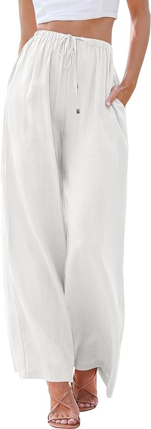 Cegerne Pantalón de Verano de Lino para Mujer, Ligero y Casual, Holgado, Estilo Palazzo, Cintura Alta con Cordón Ajustable y Bolsillos, Blanco, L
