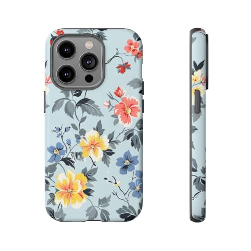 Coque iPhone 14 Pro bleu pastel motif floral vintage rigide mate