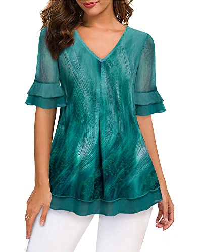 Valolia Layered Tunic Tops For Women, Tops For Beach Vacation Women Sheer Sleeve Tunics For Women Floral Tunic Shirts For Leggings Casual Flowy Shirt Top For Summer Malachite Green X-Large #TOP27