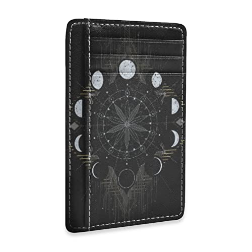 OTVEE Golden Moon Phases Mystical Slim Minimalist Wallet Rfid Blocking Card Wallets PU Leather Front Pocket Wallets