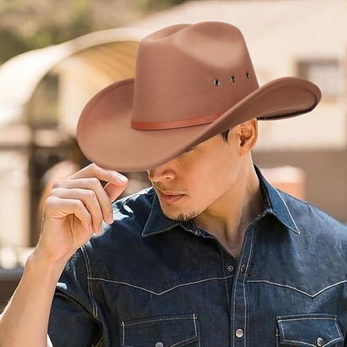 Image of DRESHOW Cowboy Hat for Women and Men Western Felt Cowboy Cowgirl Hat Wide Brim Belt Buckle Retro Fedora Hats Unisex Caps