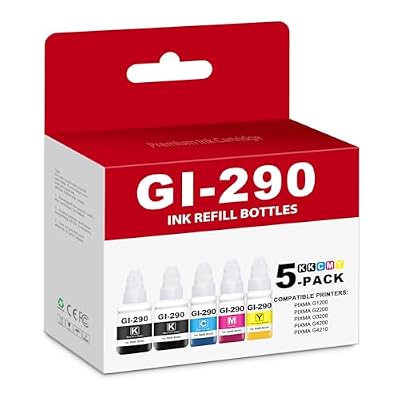 GI-290 Black Cyan Magenta Yellow Ink Refill Bottles 5-Pack High Yield Compatible Replacement for Canon GI-290 Ink Refill Bottle GI290 to use for MegaTank PIXMA G4200 G1200 G2200 G3200 G4210 Printer