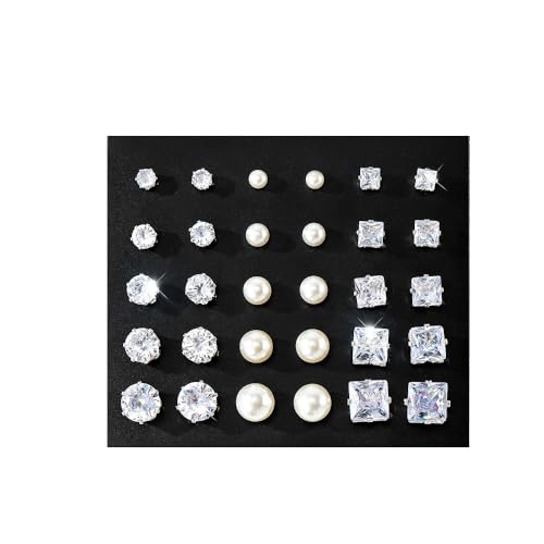 KISS WIFE Silver Stud Earrings Set for Women, Round Square Triangle Teardrop Shapes Pearl Clear Cubic Zirconia Stones Earring Packs Fashion Jewelry for Daily Wear Party Gift (Round+Pearl+Square)