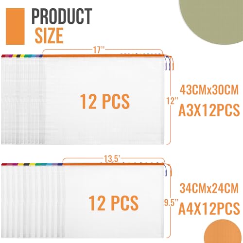 Image of YOPCDJ 24pcs Mesh Zipper Pouch Bags, 12 Colors Extra Large 12PCS A3 and 12pcs A4, Puzzle Bag for Organizing, Classroom Must Have Storage Bag, File Bags for School, Board Games and Office Supplies