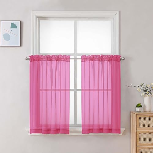 Image of Chyhomenyc Sheer Curtains 36 inch Length 2 Panels Set, Light Filtering Voile Rod Pocket Short Window Curtians for Bathroom Living Room Farmhouse Small Windows, Each 42Wx36L in, 2PCS, Hot Pink
