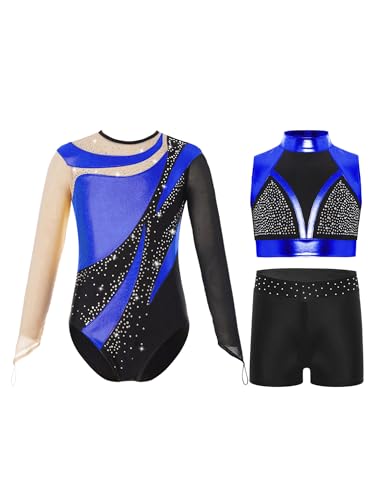 Justaucorps gym fille ensemble 3 pièces léotard de ballet strass manches longues