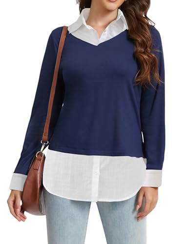 Image of Oyamiki Women's Casual Collared Curved Hem 2 in 1 Pullover Tops Plaid Contrast Shirt Blouse