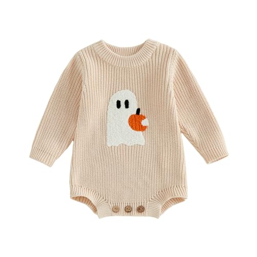 Sprifallbaby My First Halloween Baby Girl Boy Outfit 1st Halloween Pumpkin Knit Romper Sweater Newborn Fall Winter Clothes (Khaki Ghost 3-6 Months)