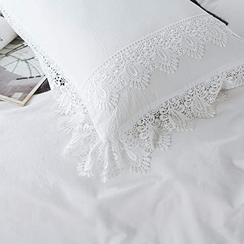 Softta King White Lace Bedding Ruffled Vintage 3Pc Duvet Cover Set 100% Cotton Wahed Cotton Princess Grils Bedding Sets （1 Zipper Closure Duvet Cover + 2 Pillowcase #TOP3