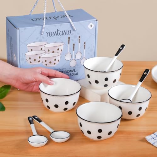 Image of Nestasia Ceramic Soup Bowl with Spoon Set of 4 (400ml Each) - White & Black Polka Dot Printed Microwave & Dishwasher Safe Bowl Set for Serving Soup, Custard, & Dessert - Perfect for Gifting