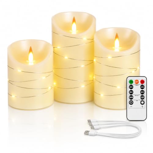 Image of Rechargeable LED Candles, Real Wax, 4 5 6 in, Ivory, 3 Pack | USB rechargeable real wax candles with remote, timer and star lights
